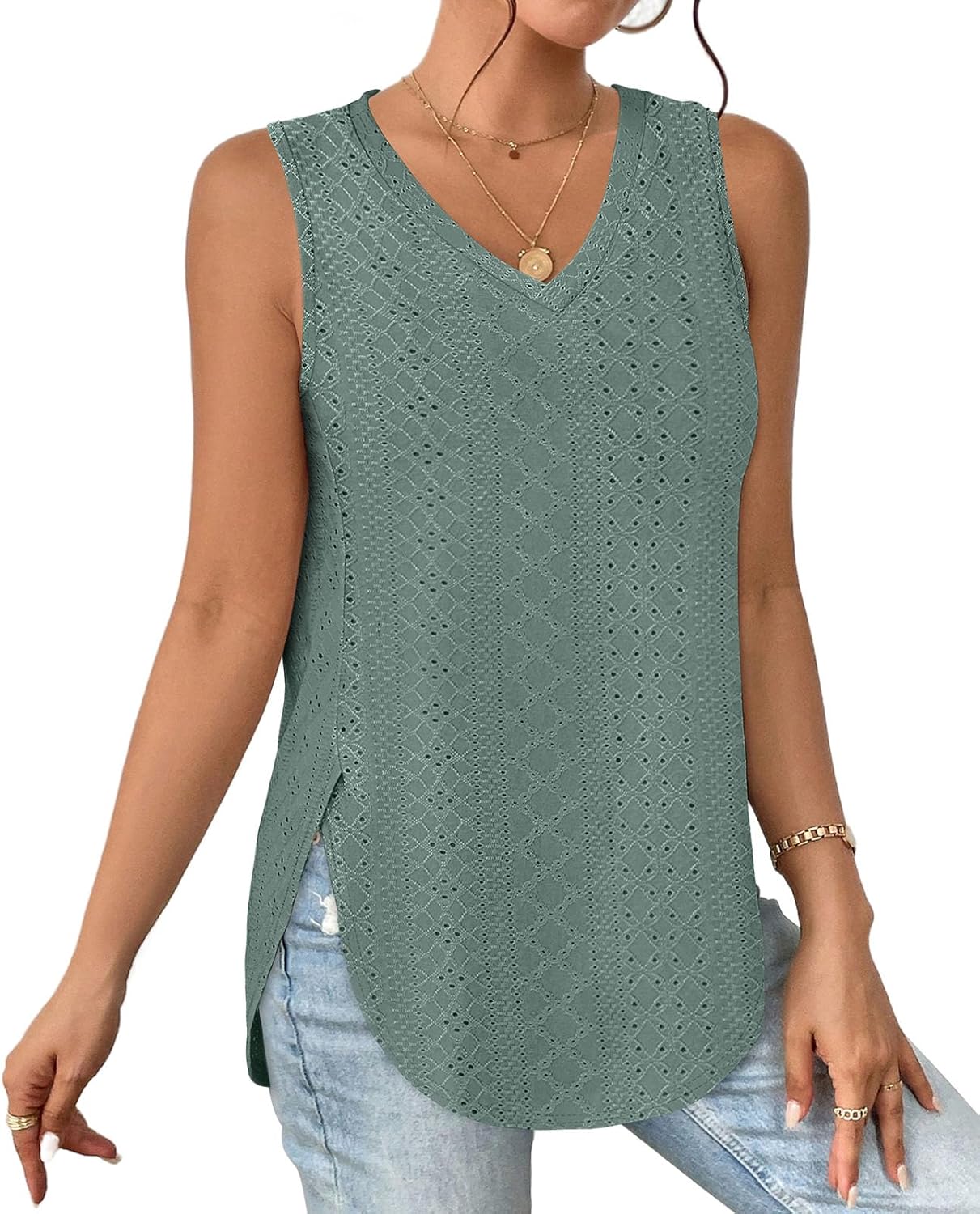 XIEERDUO Womens Tank Tops, Special V Neck Eyelet Embroidery, Innovative Casual S...