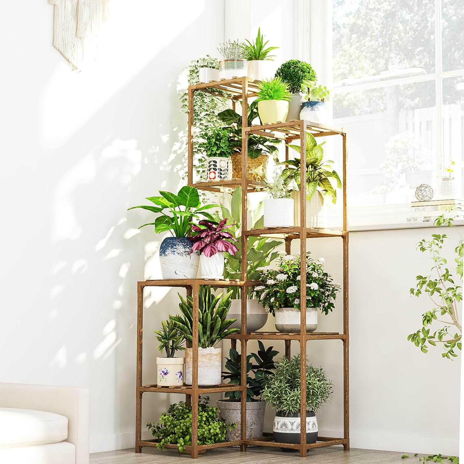 Bamworld Plant Stand Indoor Outdoor Corner Plant Shelf 54.7" Tall Plant Table Wo...