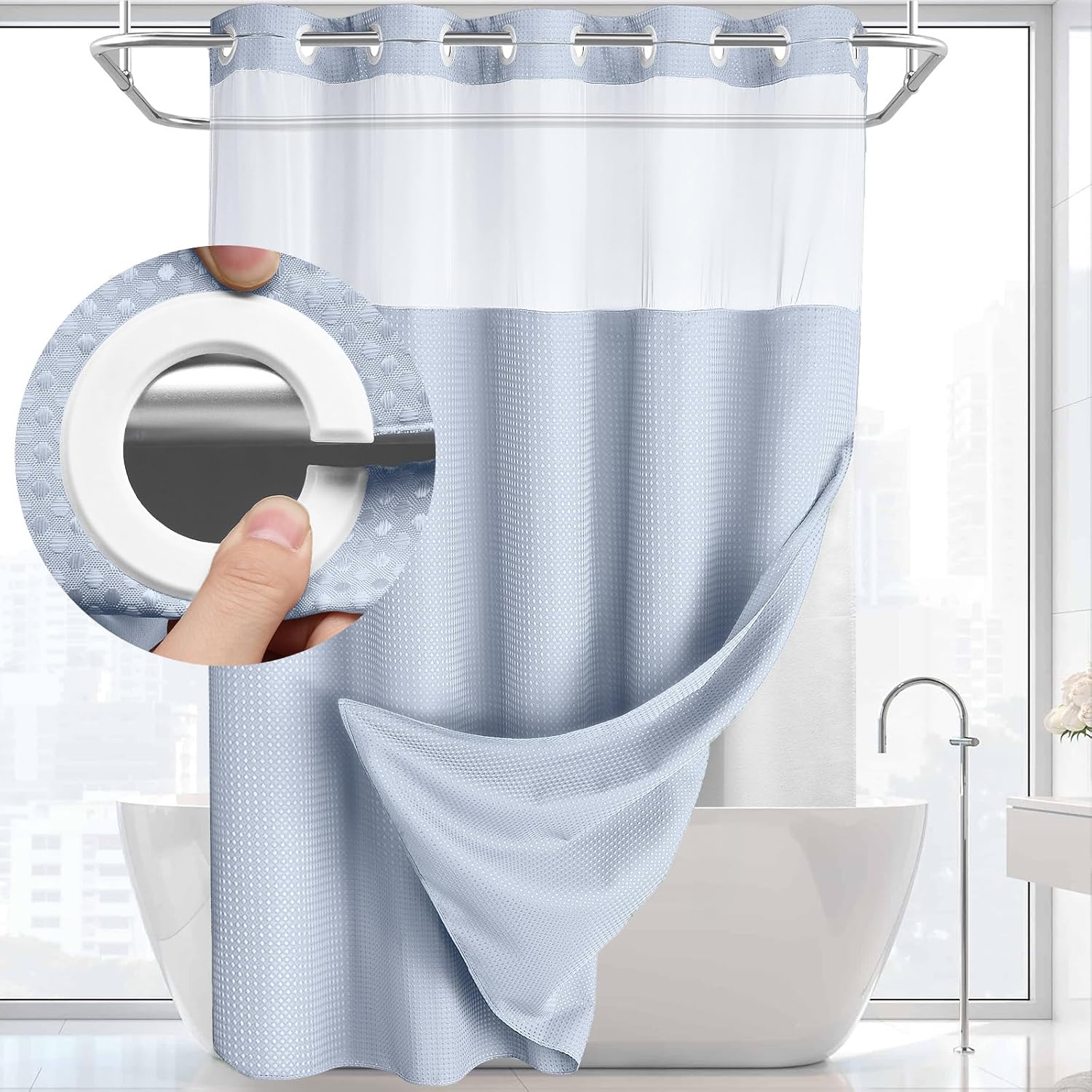 Unique No Hook Shower Curtain, Special Shower Curtain with Snap-In Liner Set, Ti...