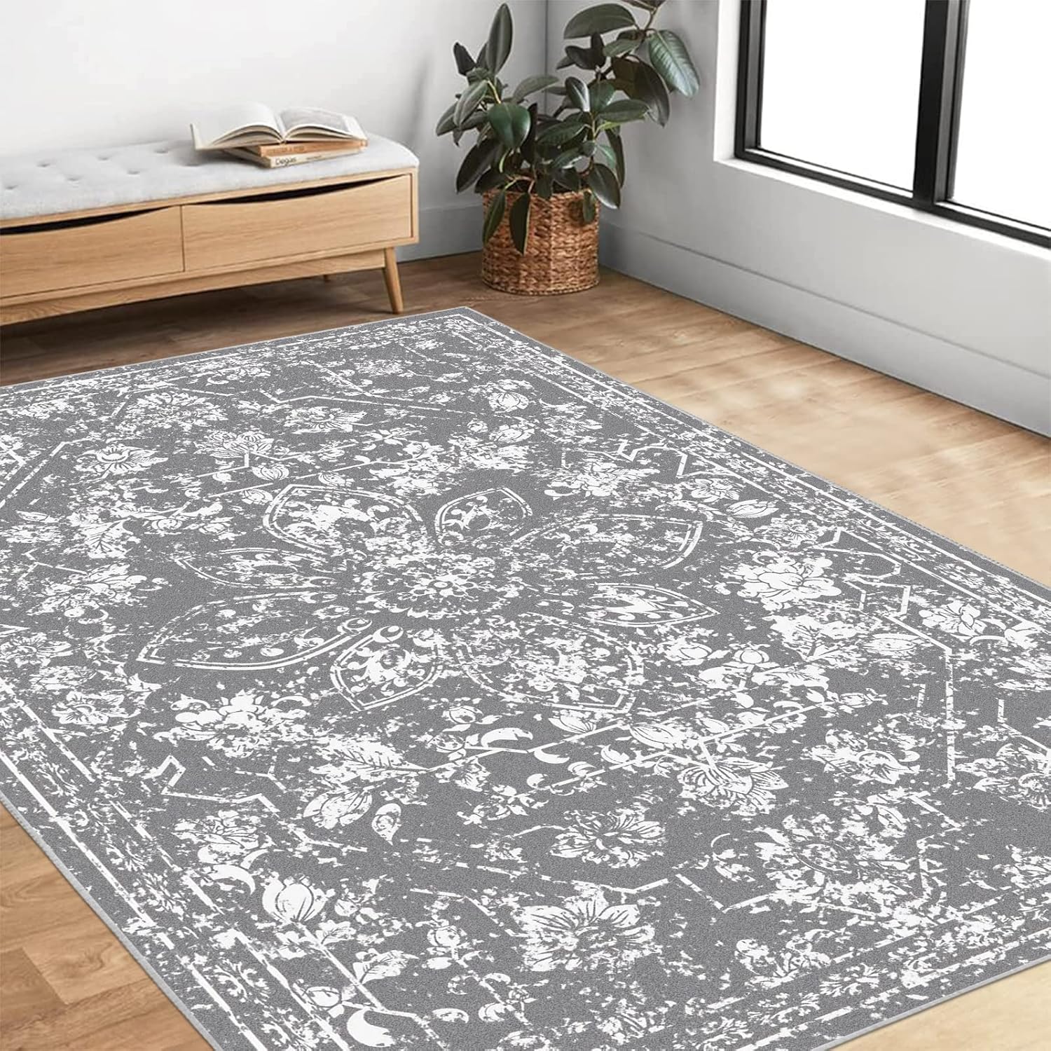 Pauwer Vintage Area Rug 4x6, Distressed Floral Faux Wool Throw Rug, Non Slip Boh...