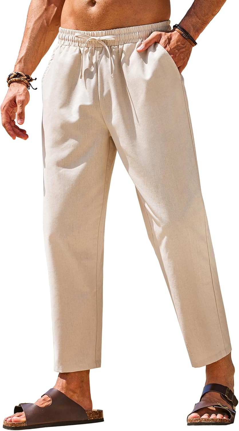 COOFANDY Mens Linen Casual Pants, Special Elastic Waist Drawstring Trousers for...