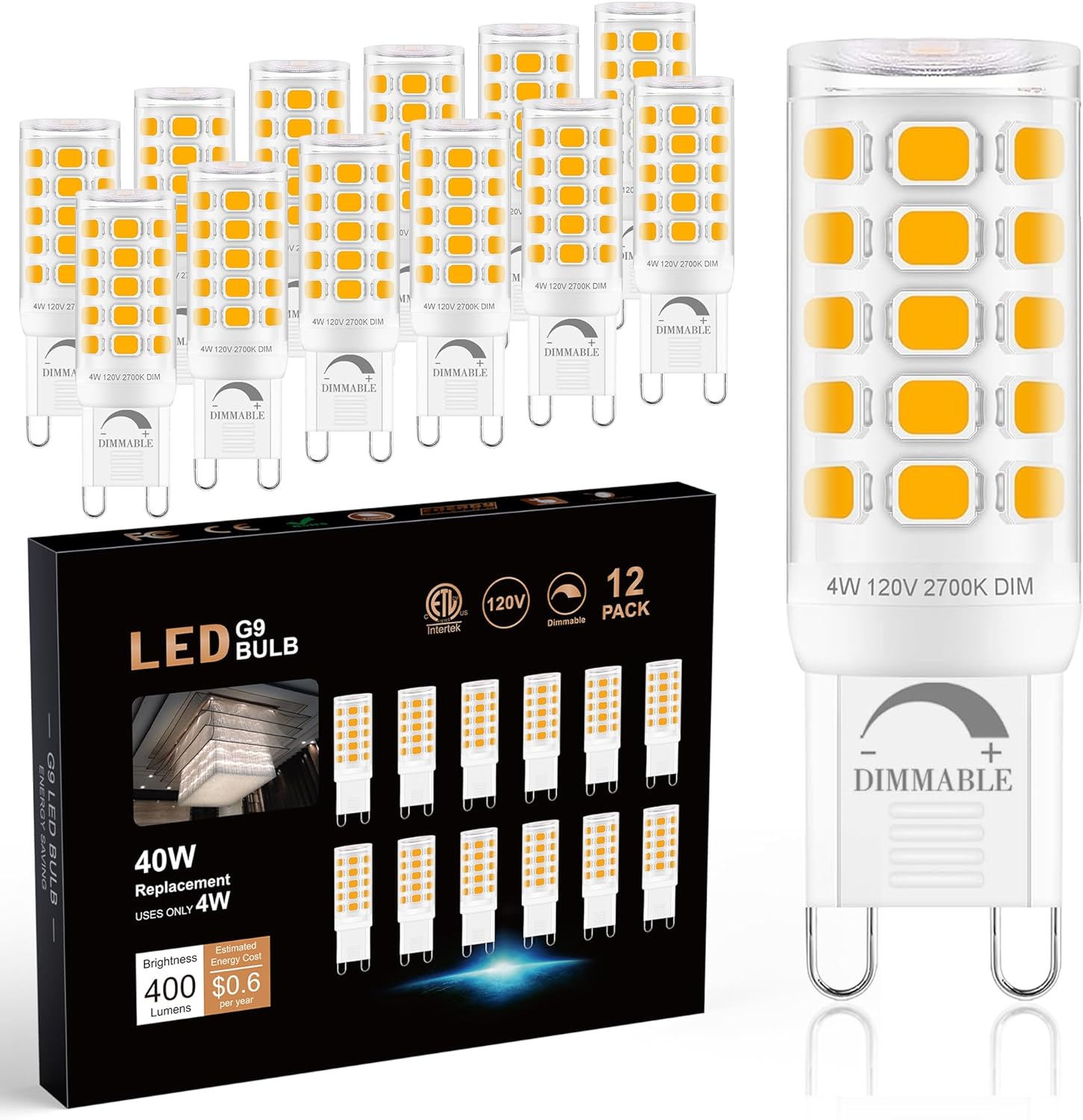 Sailstar G9 LED Bulb Dimmable 2700K Soft Warm White 12 Pack, T4 G9 4W Replacemen...