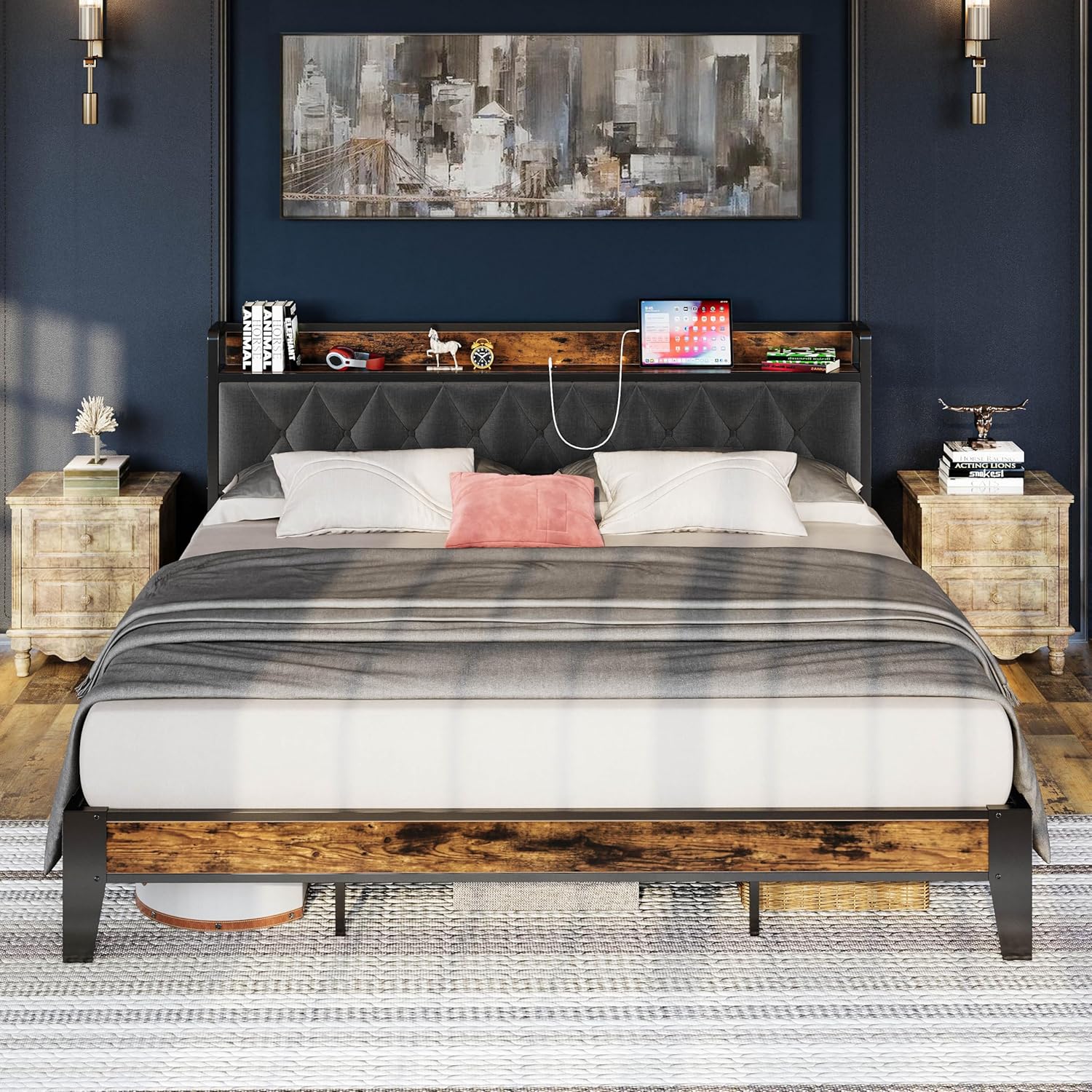 ANCTOR California King Bed Frames, Special Bed Frame with Storage Headboard with...