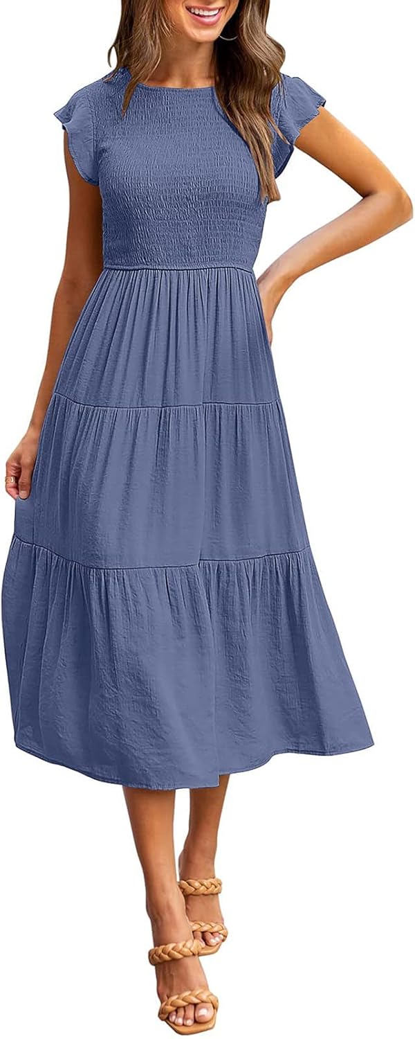 MEROKEETY Women's Flutter Short Sleeve Dress, Special Smocked Midi Dress, Innova...
