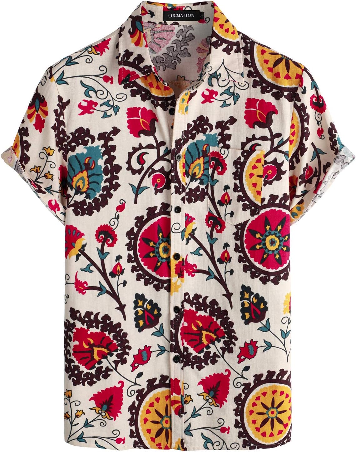 LucMatton Men's Shirt, Special Cotton Linen Pattern Print Shirt, Innovative Trad...