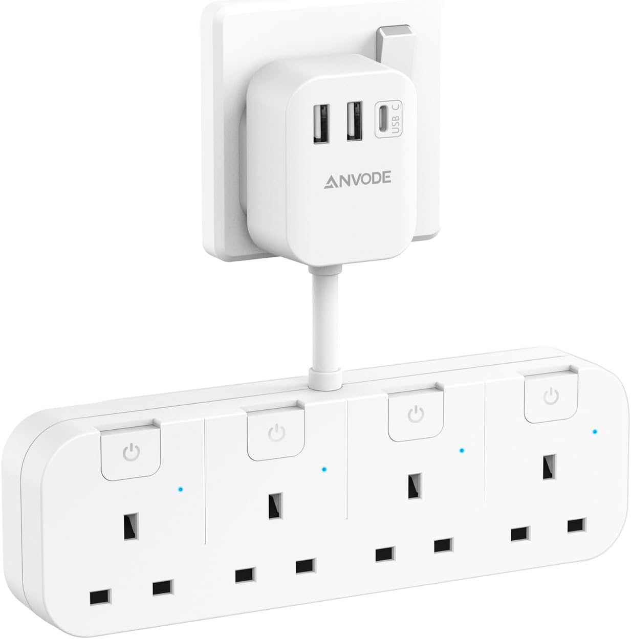 Multi Plug Extension with 3 USB (1 Type C), 4 Way Plug Adapter with Individual S...