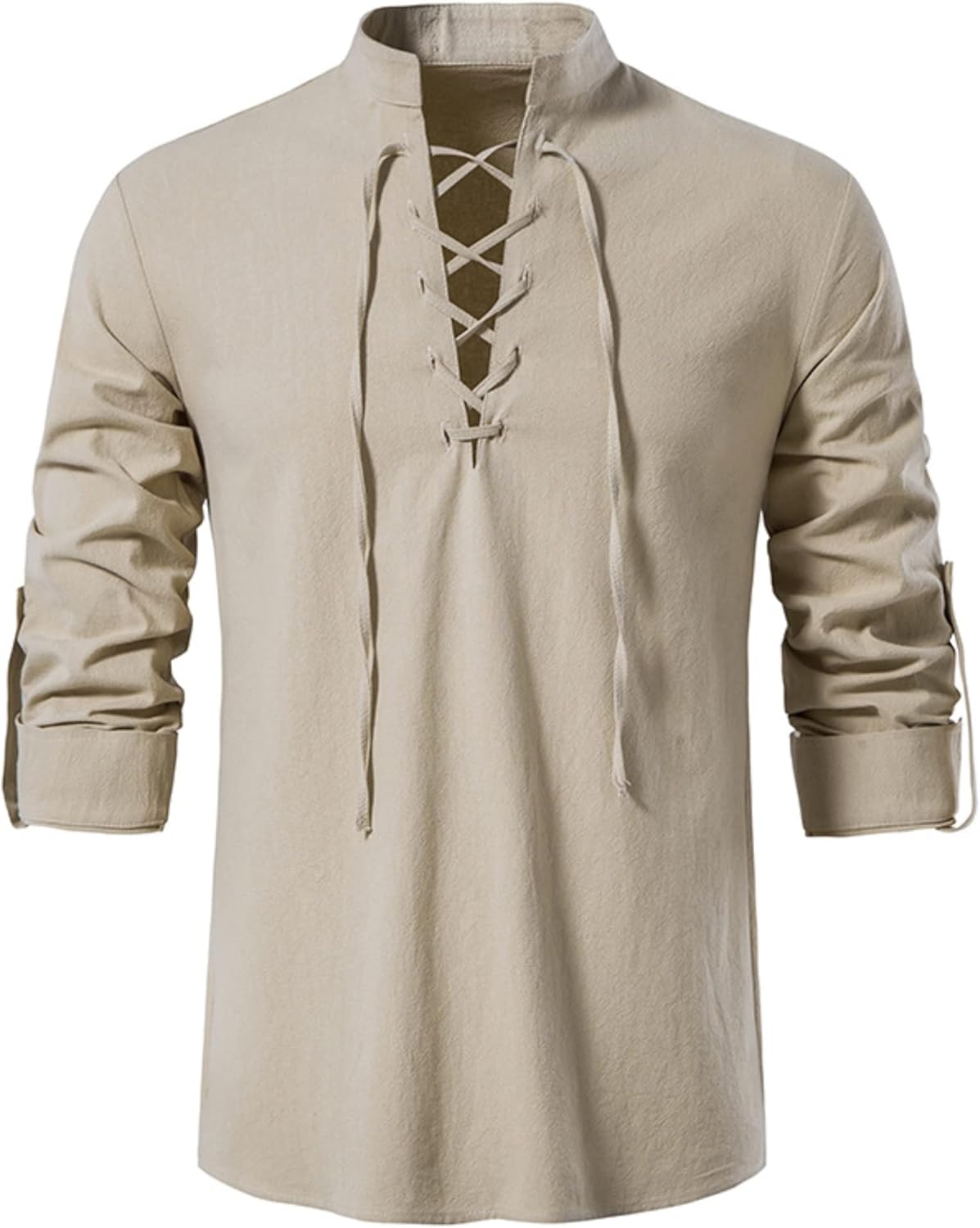 YAOHUOLE Linen Shirt Men Cotton Classic Lace Up Long Sleeve Casual Shirt Scottis...