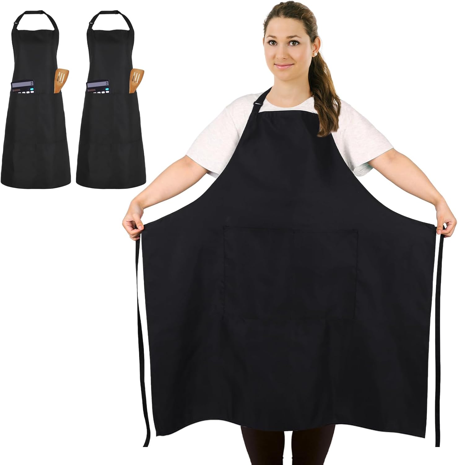 FunChaos 2 Pcs Plus Size Chef Apron, Black Apron, Unisex Apron with 2 Pockets fo...