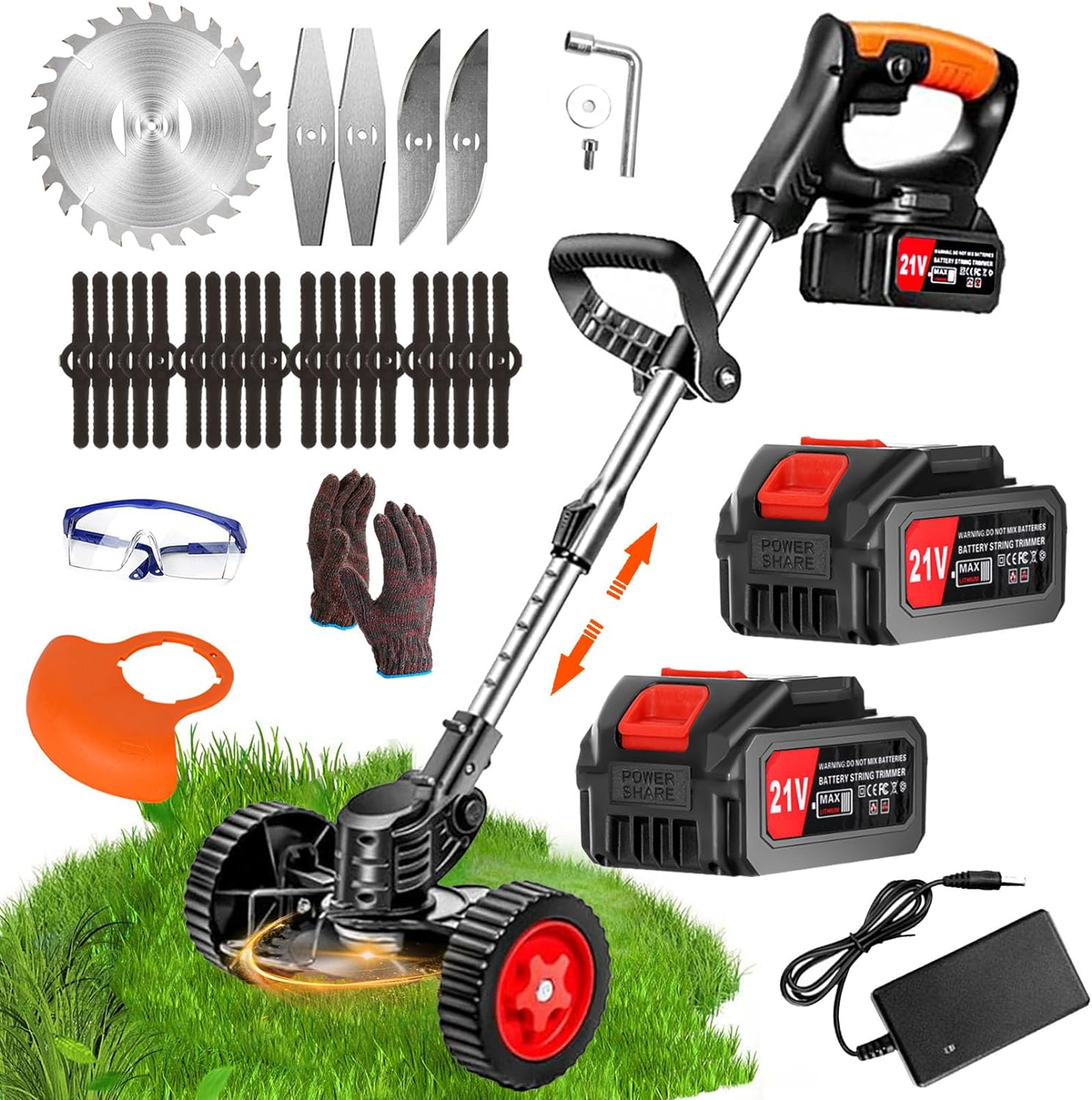 Garden Strimmer Cordless 21V Metal Blade Strimmer with 4.0Ah Li-ion Battery and...