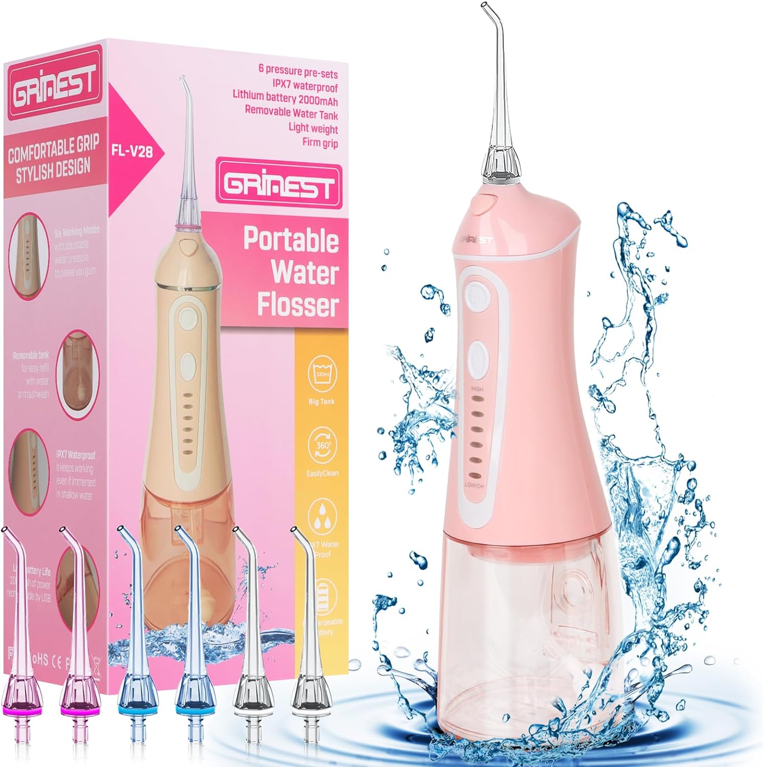Water Dental Flosser Pick for Teeth,Grinest Cordless Water Dental pik Teeth Clea...