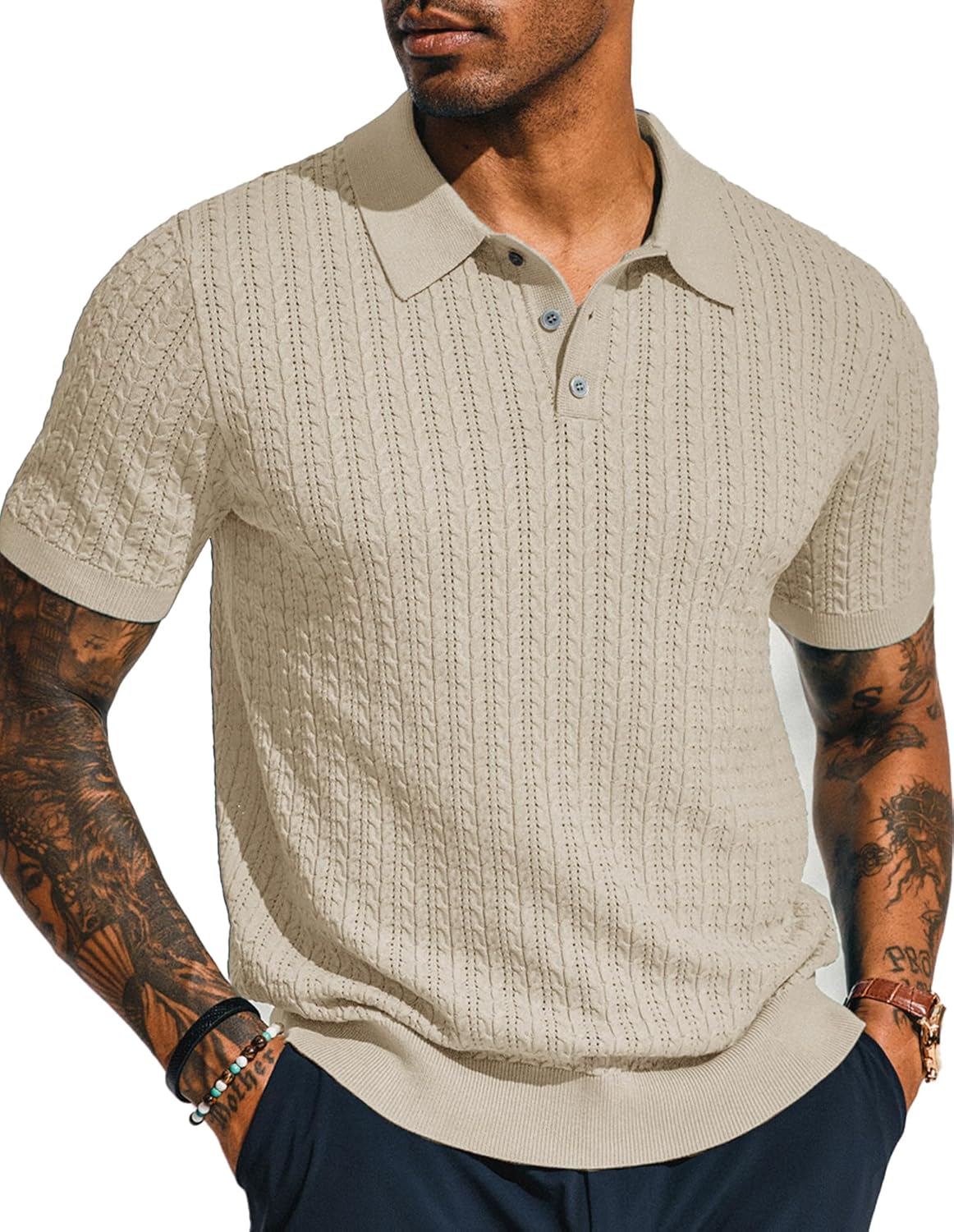 PJ PAUL JONES Mens Knit Polo Shirt Short Sleeve Hollow Out Knit Shirt Texture Kn...