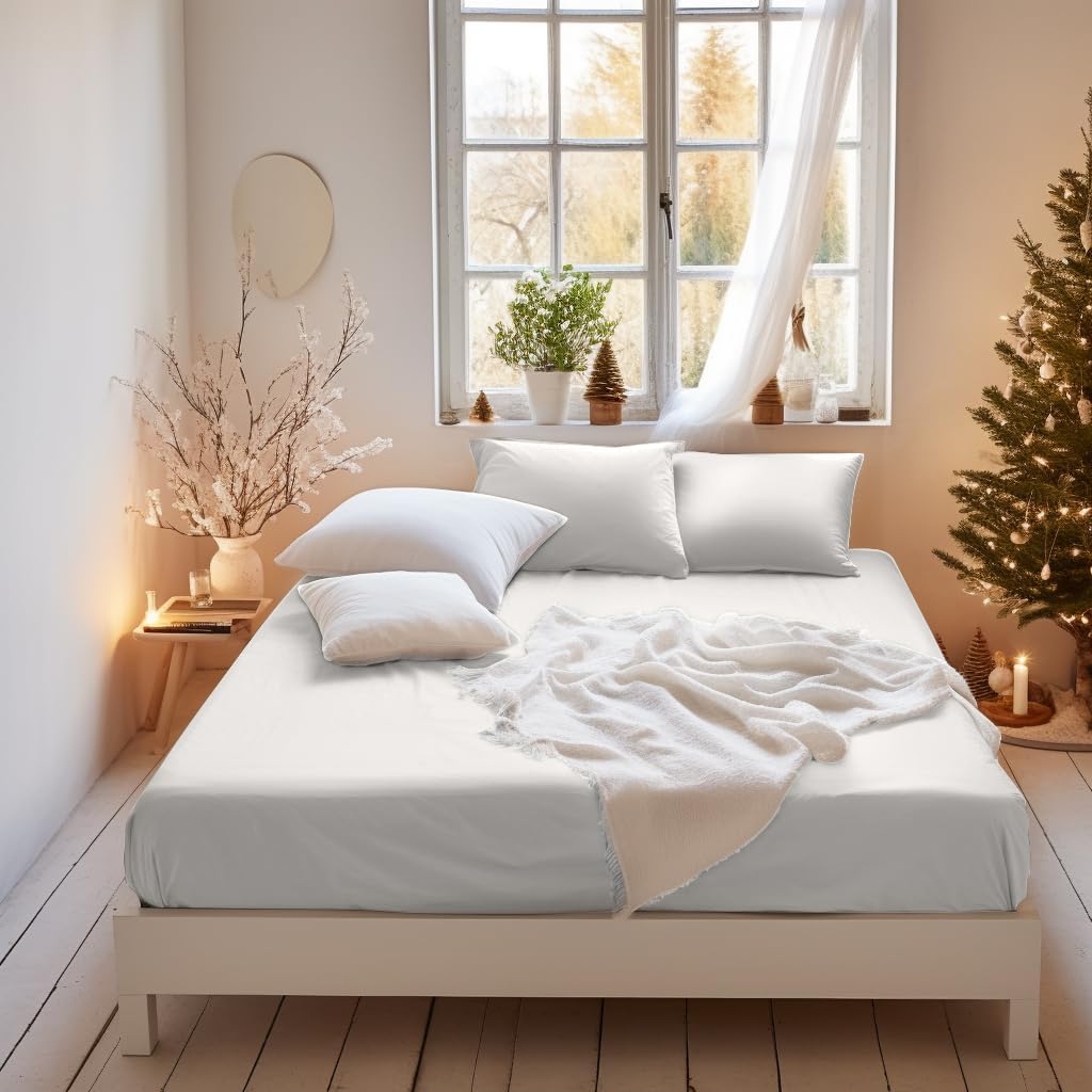 MOHAP Cooling Double Size Fitted Sheet White with Extra Deep 30 cm Pocket Bed Sh...