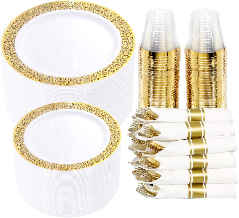 WELLIFE 350 Pieces Gold Plastic Dinnerware - Disposable Gold Lace Plates, Includ...