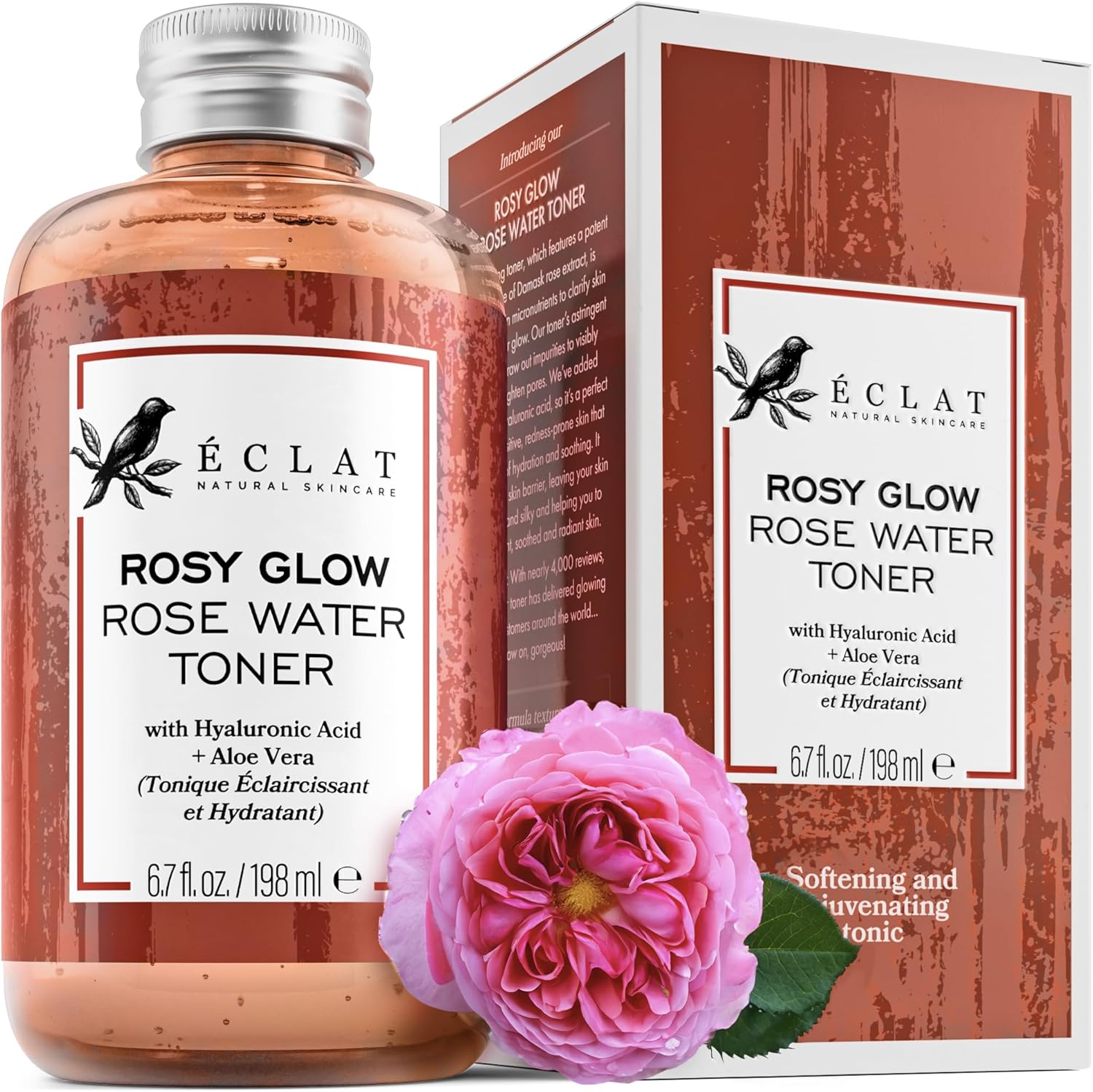Rose Water Toner - Pure Rose Water with Hyaluronic Acid & Aloe Vera, Pore Minimi...