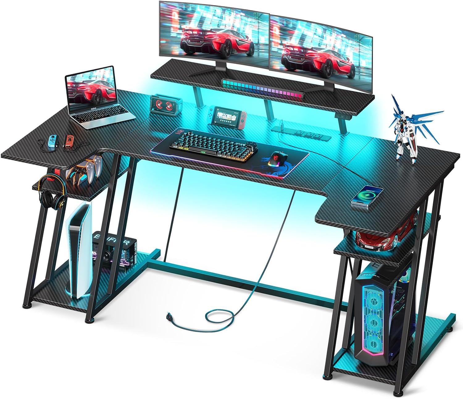 MOTPK Gaming Desk with LED Lights, 60 Inch U Shaped Desk with Power Outlet, Gami...