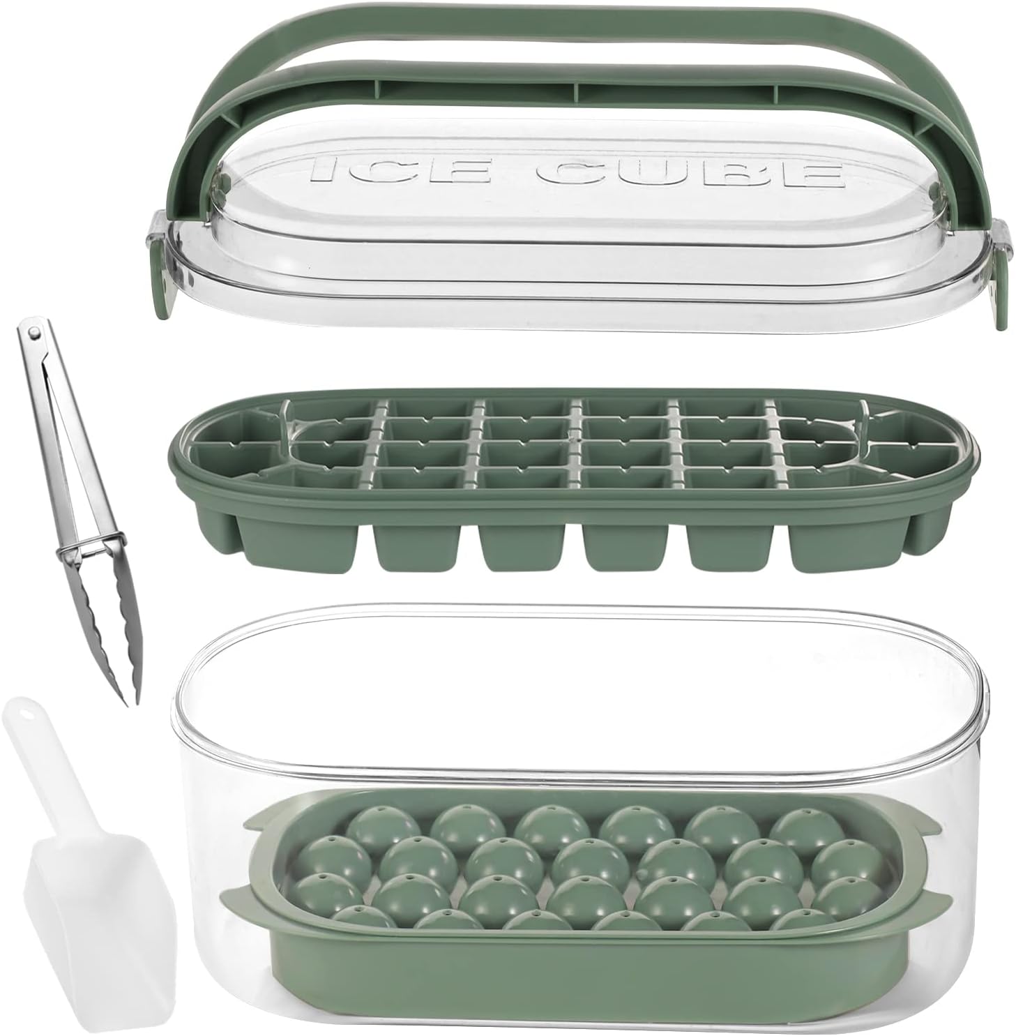 Ice Cube Tray with Lid and Bin, Sphere Ice Cube Maker for Freezer, 2 Tiers Ice C...