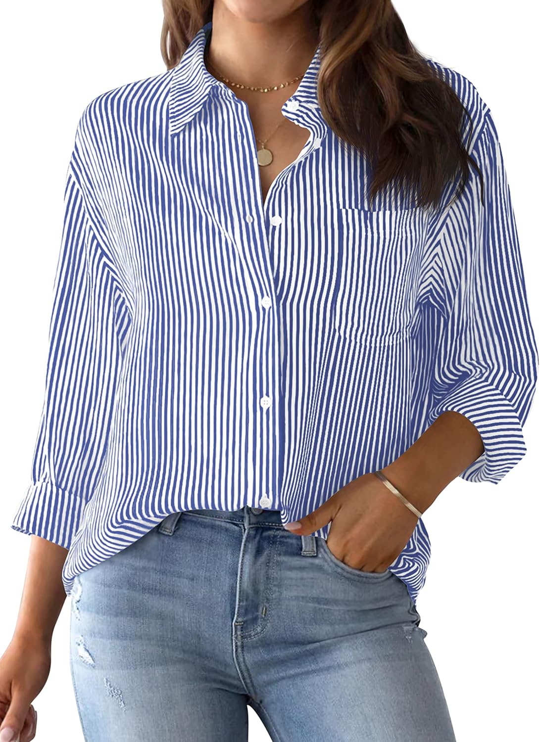 AISEW Womens Button Down Shirts Striped Classic Long Sleeve Collared Office Work...