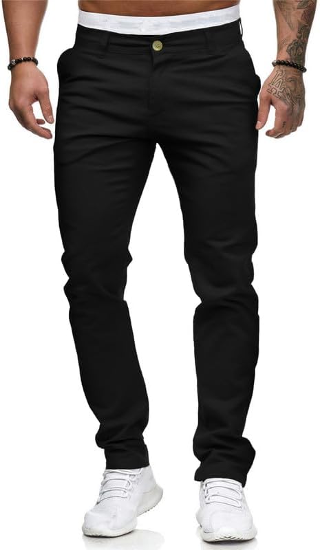 HUNGSON Mens Chinos Slim Fit Stretch Flat-Front Skinny Dress Pants 36W x 32L Bla...