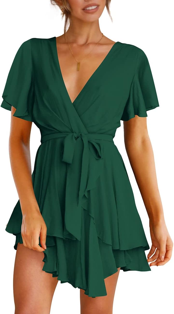 Cosonsen Women's Dress Deep V-Neck Long Sleeve Waist Tie Ruffle Mini Swing Skate...