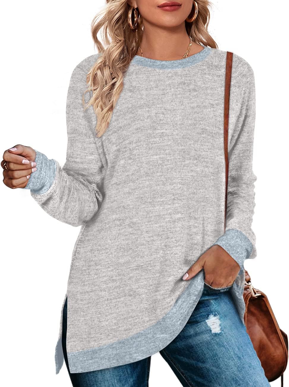 WEESO Women's Long Sleeve Sweatshirts, Special Color Block Crewneck Sweaters, In...