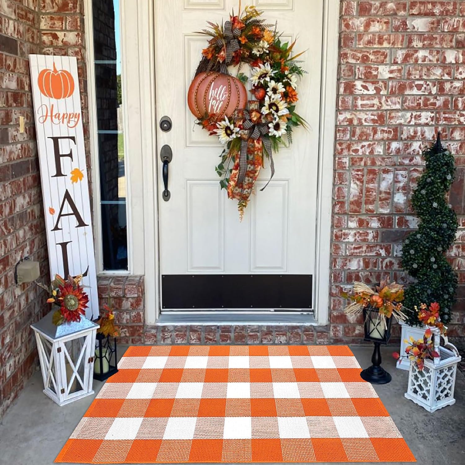 Buffalo Plaid Outdoor Rugs, 27.5''x43'' Orange and White Check Indoor/Outdoor Ar...