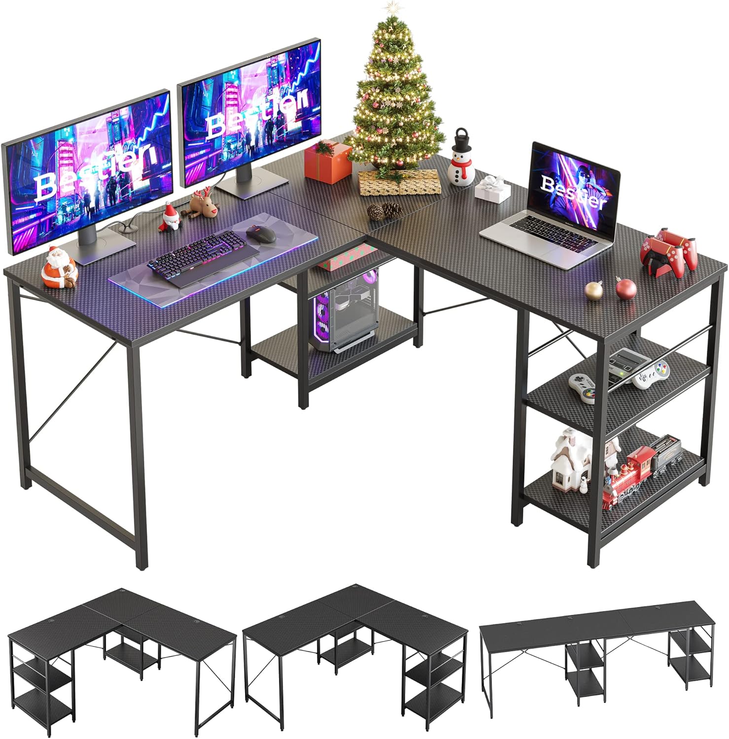 Bestier 150CM Reversible L Shaped Desk with Shelves Industrial Corner Desk 240CM...