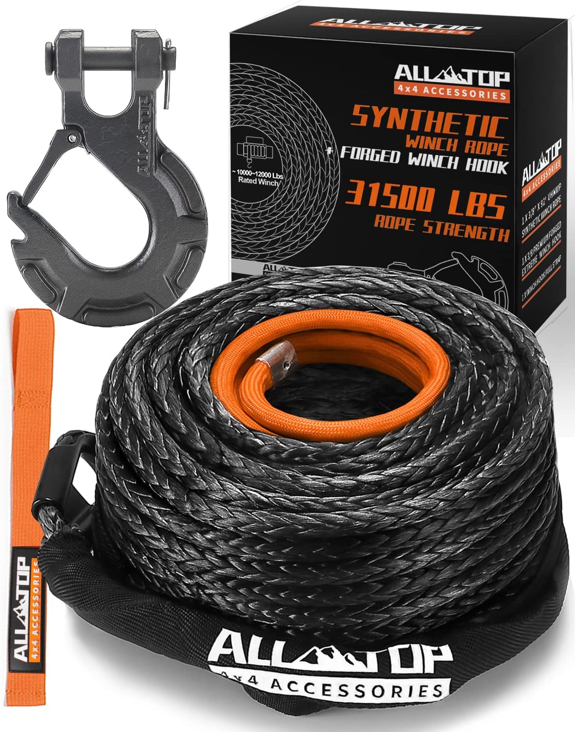 ALL-TOP Synthetic Winch Rope Kit, 1/2in x 92ft, 31500Lbs Winch Cable Replace Kit...