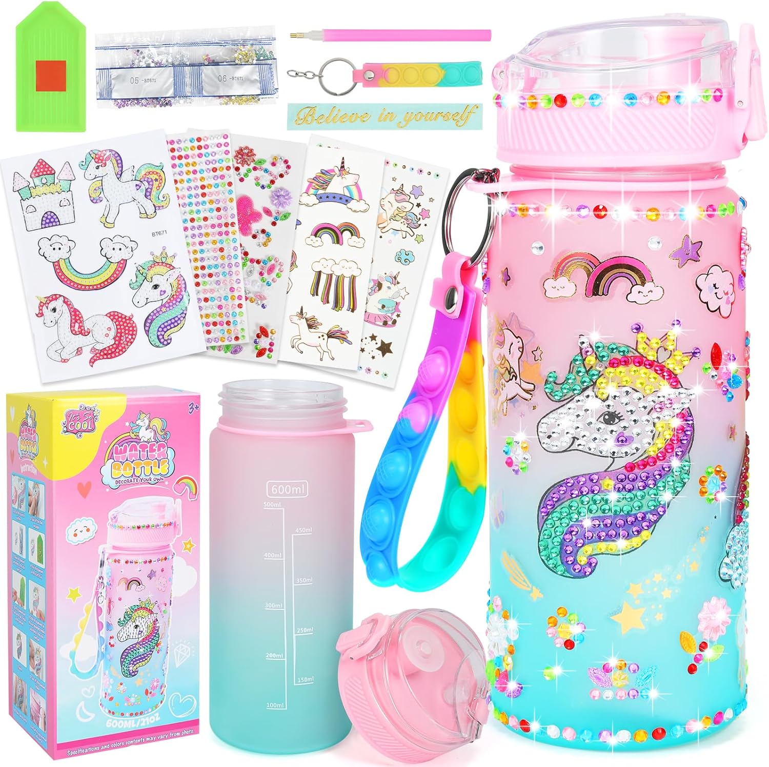 Decorate Your Own Water Bottle Kits for Girls Age 4-13, Unicorn Gem Girls Diamon...