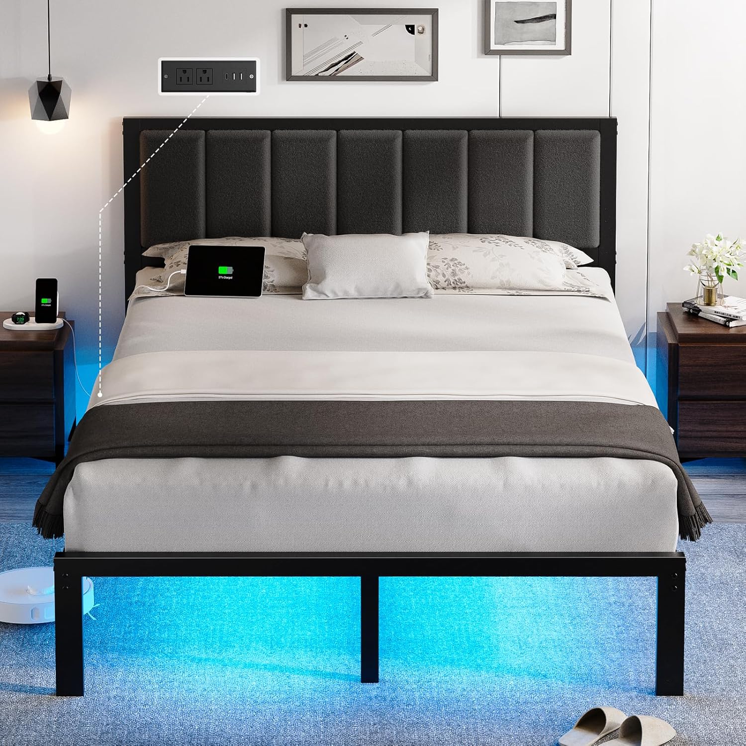 OLEVS Queen Bed Frame with Headboard Metal Platform Bed Queen Size with USB Char...