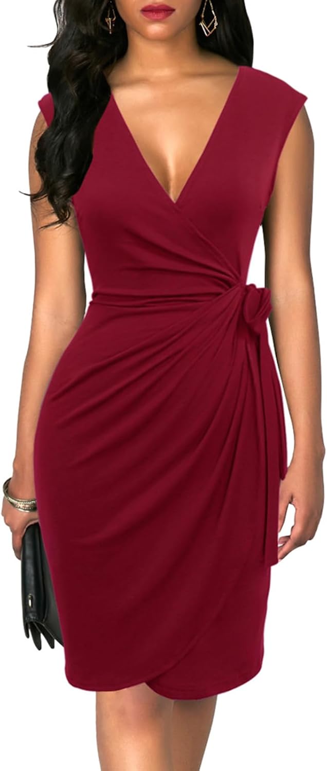 Berydress Women's Vintage V-Neck Sheath Casual Party Work Faux Black Wrap Dress...