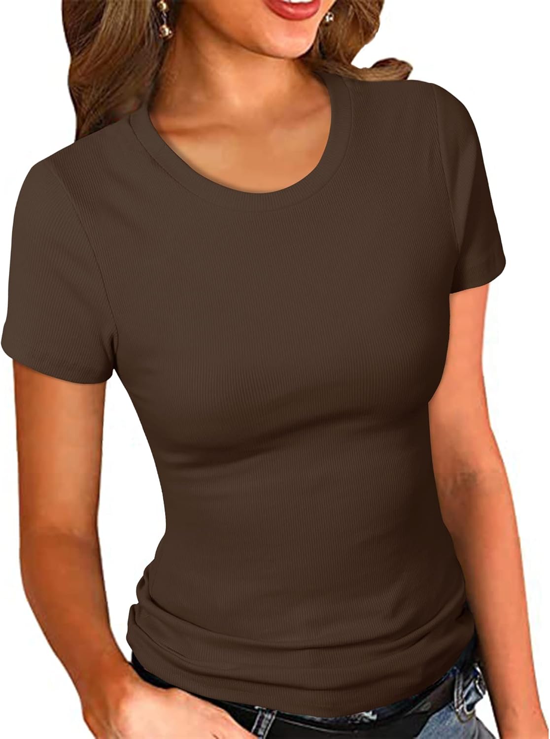 PALINDA Women's Crew Neck Ribbed Fitted Shirt Basic Short Sleeves Summer T Shirt...