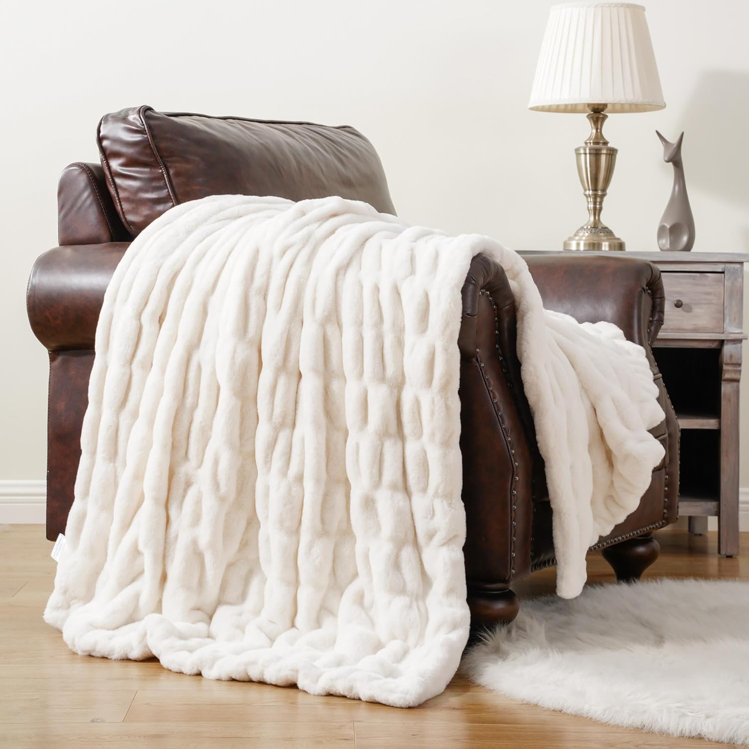 BATTILO HOME Cream Faux Fur Throw Blanket, Double Side Ruched Rabbit Fur Blanket...