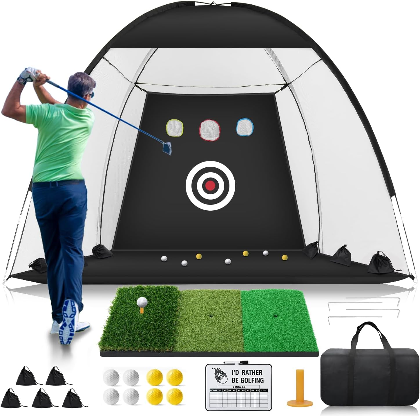 Golf Net, 10 x 7ft Golf Practice Net with Tri-Turf Golf Mat, All in 1 Golf Hitti...