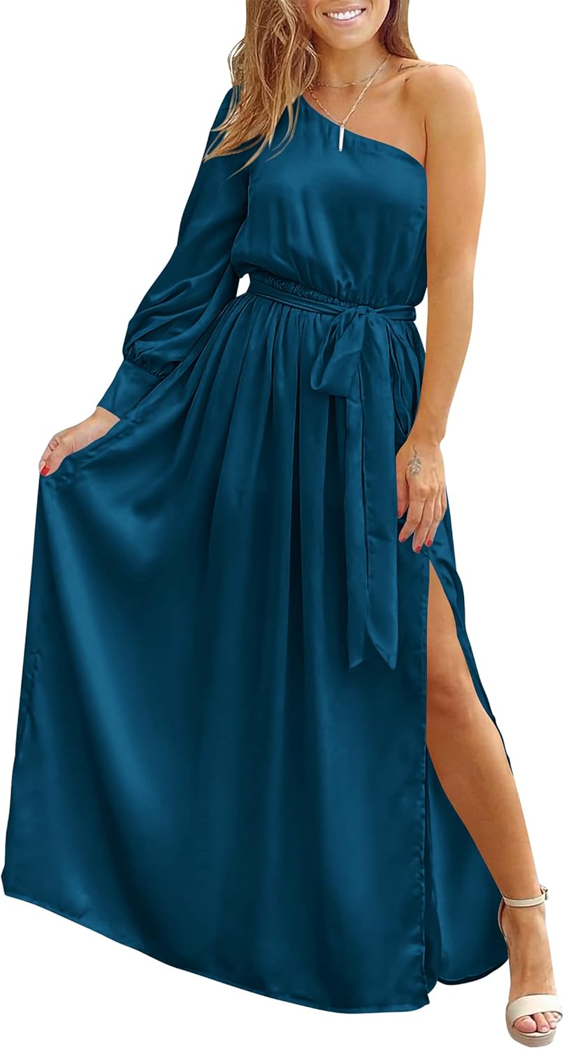 KIRUNDO Women's Dress, Special Satin Long Sleeve One Shoulder Dress, Innovative...