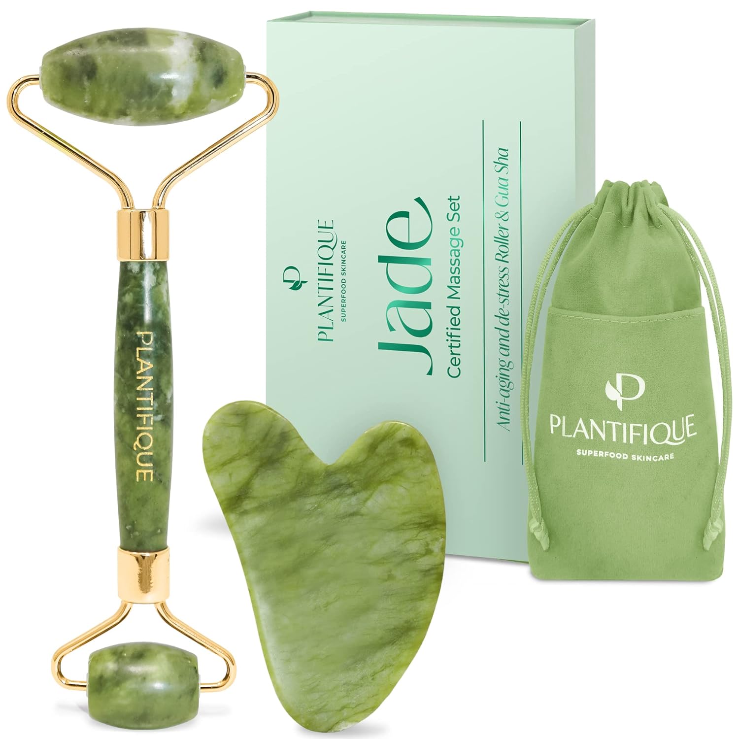 PLANTIFIQUE Jade Roller for Face and Gua Sha Facial Tools - Includes Real Jade R...