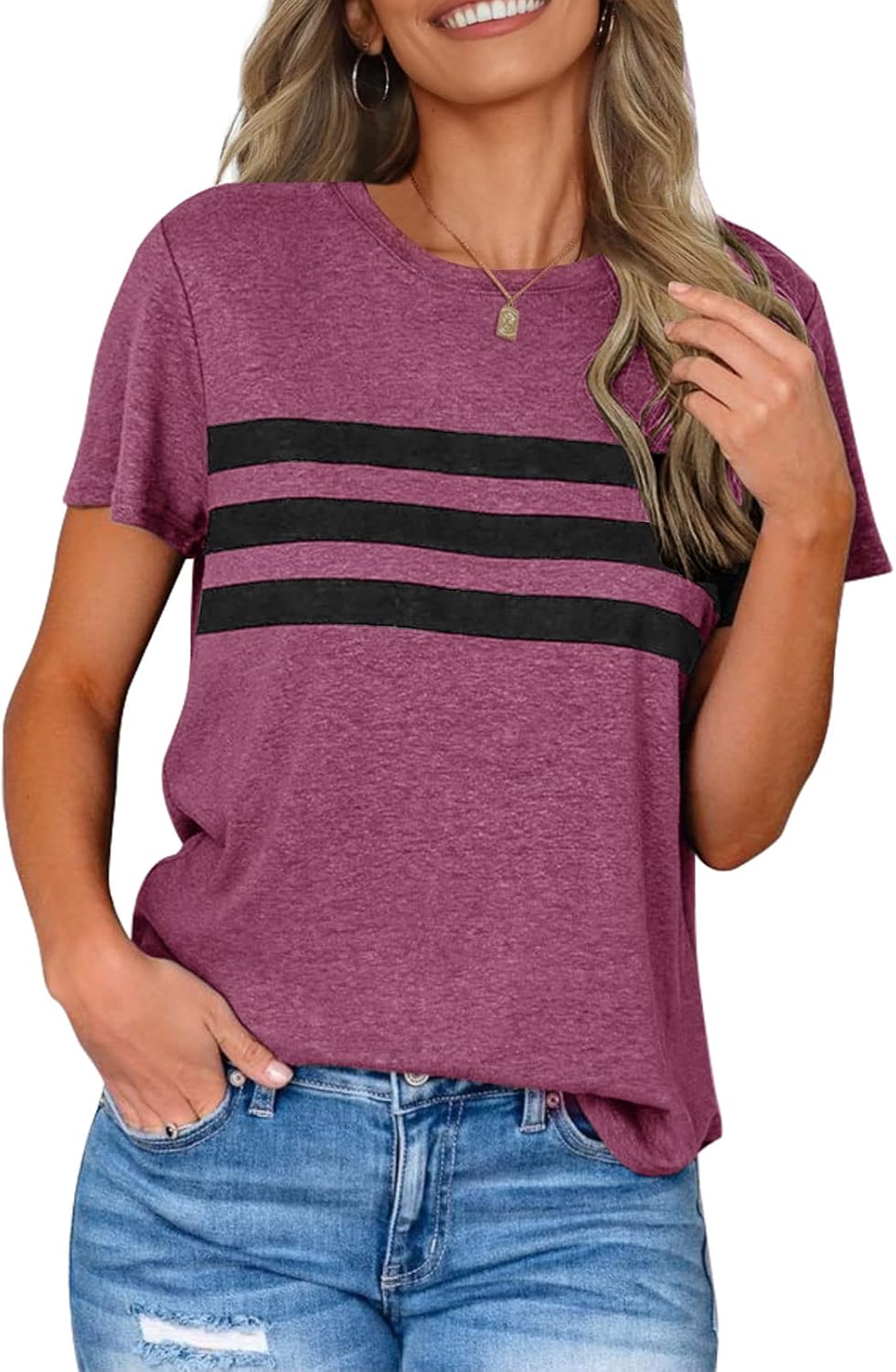 LEANI Women’s Short Sleeve T Shirts, Special Crewneck Striped Color Block Tunic...