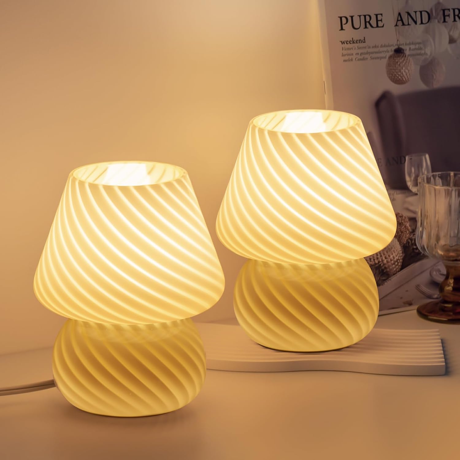 ONEWISH Mushroom Lamps Set of 2 - Small Bedside Table Lamp with Striped Glass, N...