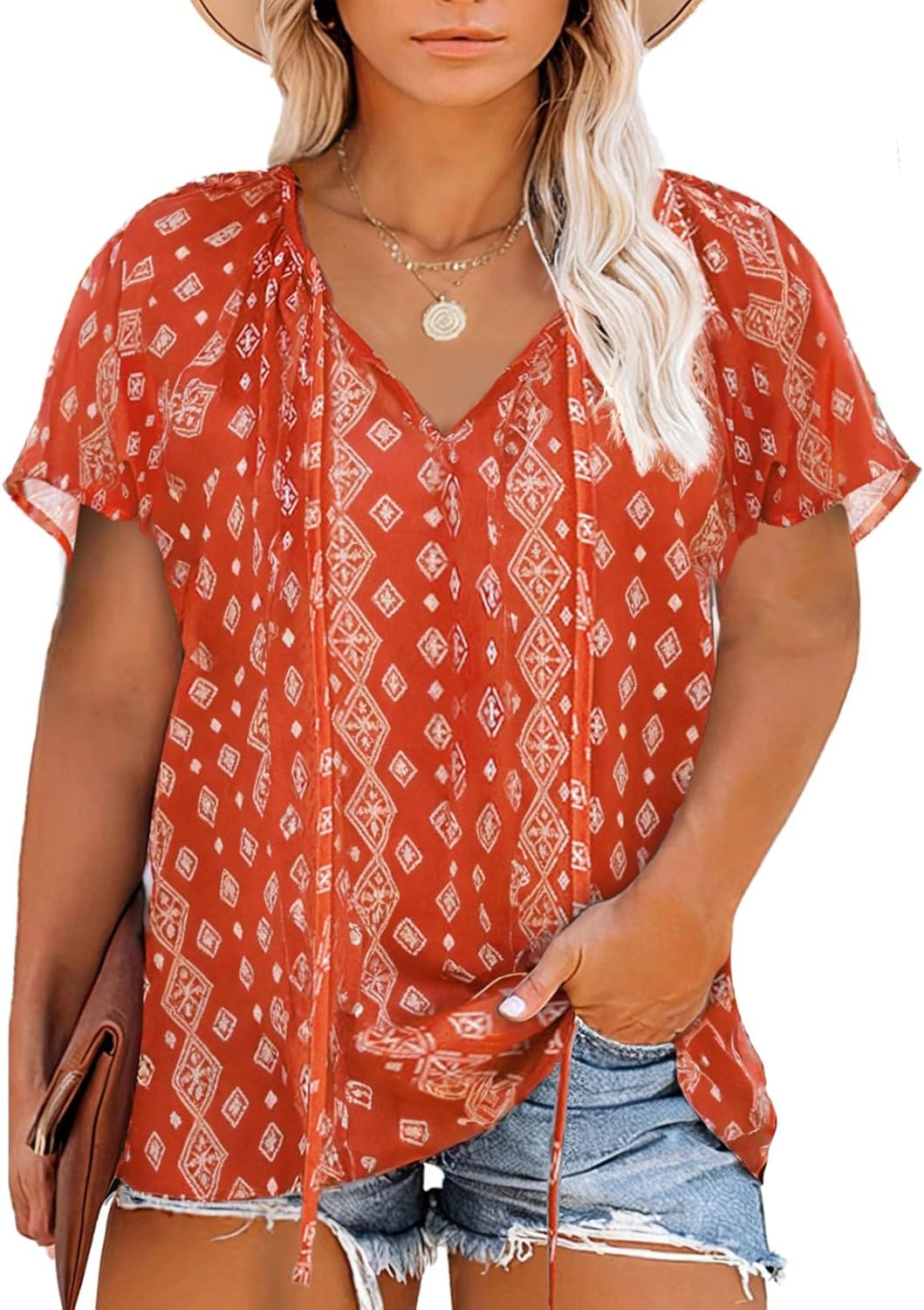 Eytino Women Plus Size Tops, Special Boho Printed V Neck Short Sleeve Shirts, Un...