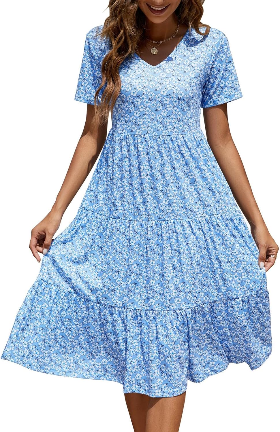 Berydress Women's Casual Summer Tiered Midi Dress Short Sleeve V-Neck Loose Cott...