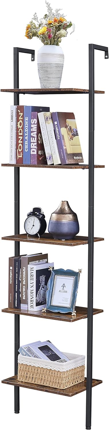 Tajsoon Ladder Shelf, Special 5-Tier Wood Wall Mounted Bookshelf with Metal Fram...