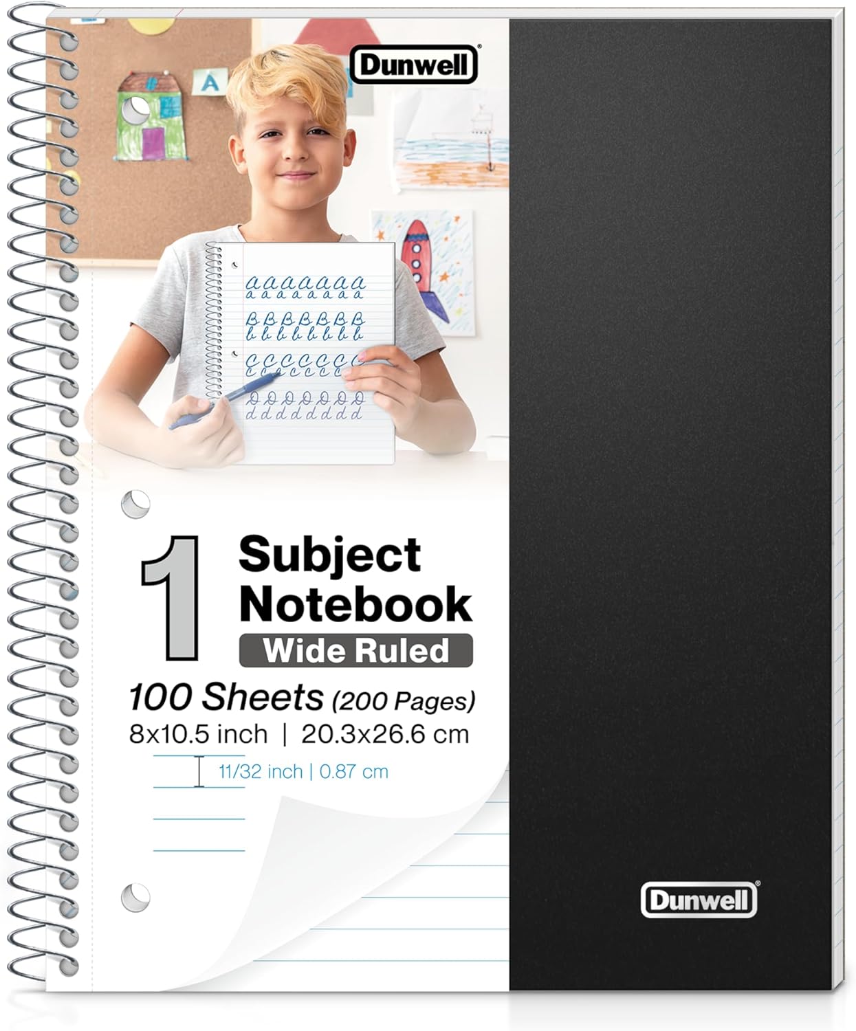 Dunwell Spiral Notebook Wide Ruled, (Black), 1 Subject Notebook, Plastic Cover,...