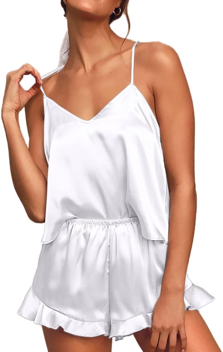 CHYRII Women's Sexy Silk Satin Ruffled Pajamas Sets Cami Shorts Sets Sleepwear M...