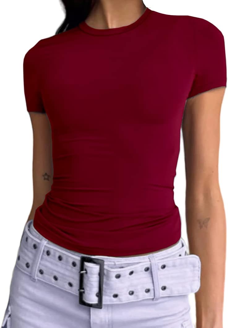 Dwnval Women Sexy Basic T Shirts Tops Summer Short Sleeve Crewneck Slim Fit Cute...