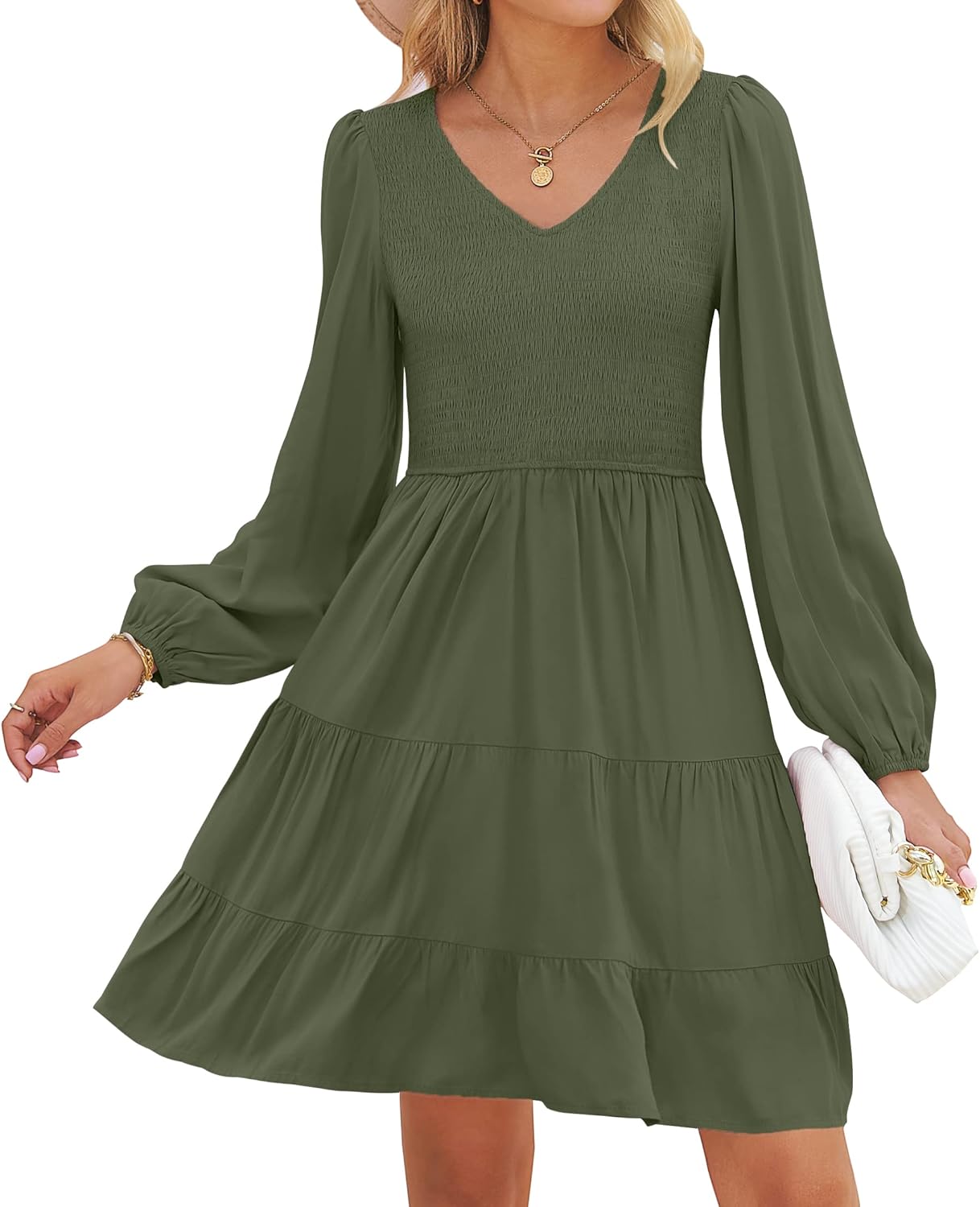 ZESICA Women's Dress, Special Casual V Neck Long Sleeve, Innovative Smocked High...