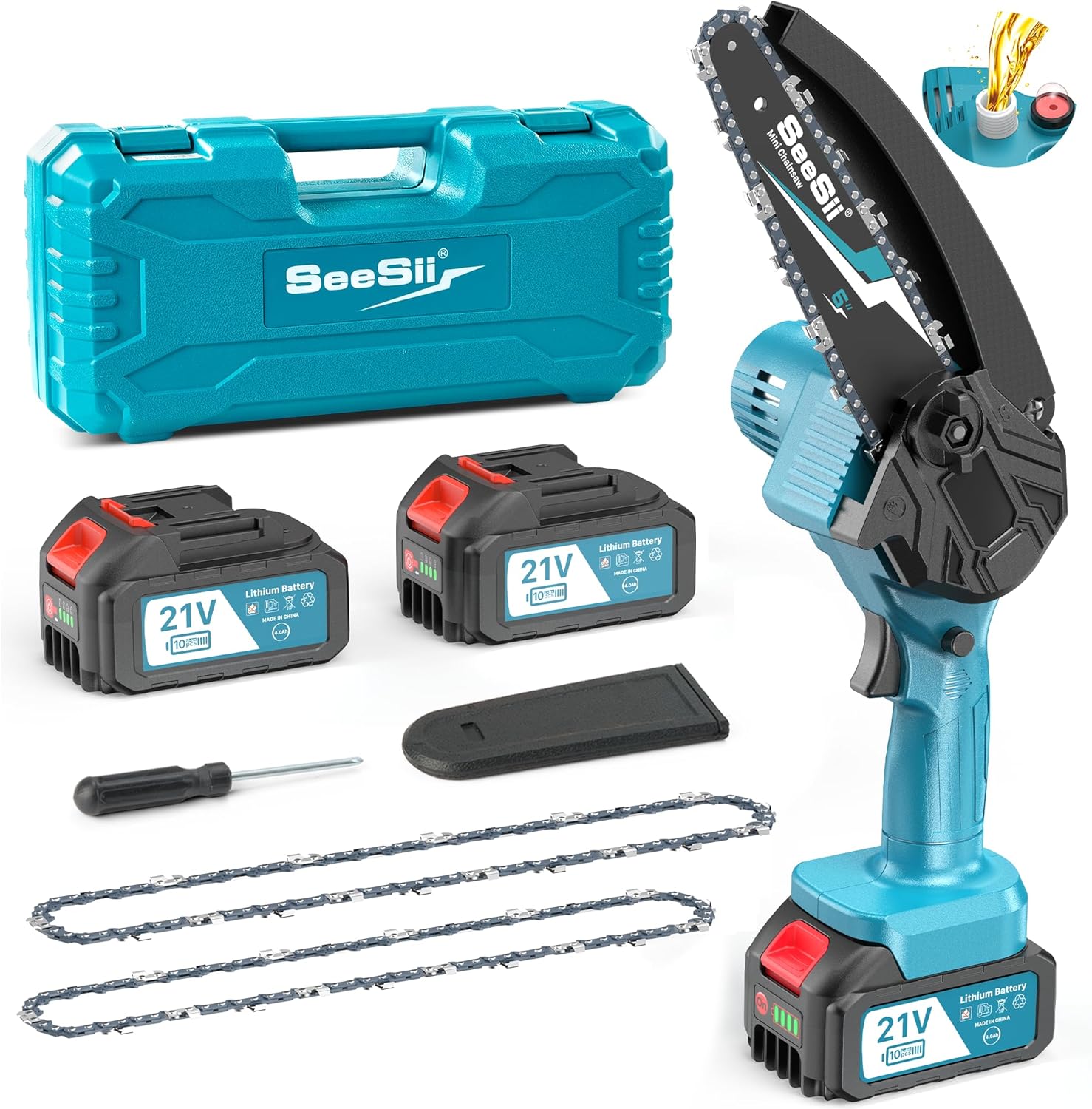 Seesii 6 Inch Mini Cordless Chainsaw with High Capacity 4000mAh x2 Batteries, 90...