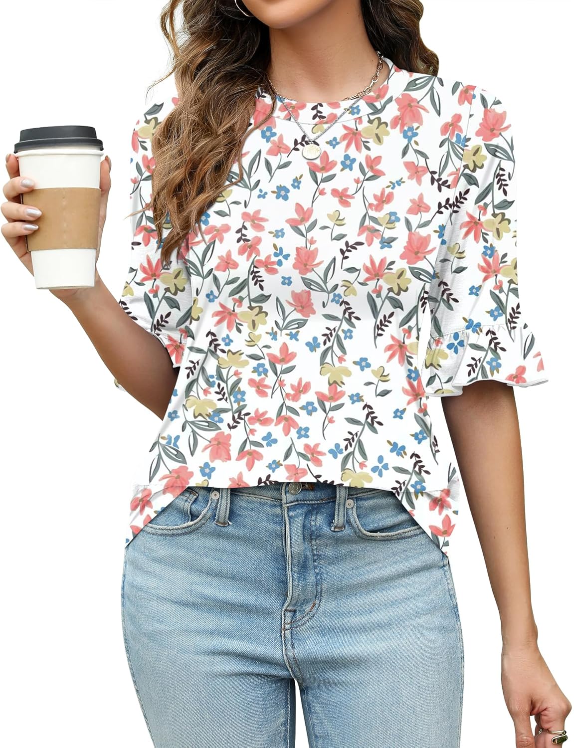 Rapbin Womens 3/4 Length Sleeve Tops Loose Fit Casual Crew Neck Shirts Ruffle Tu...