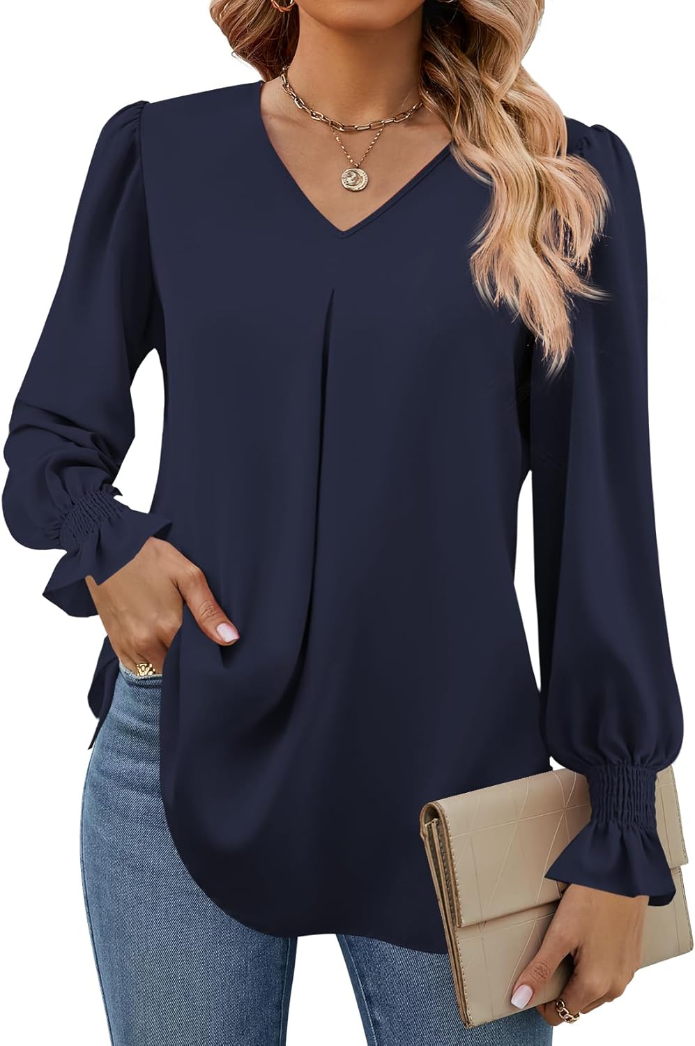Funlingo Women's 2024 Long Sleeve Tops Dressy Casual V Neck Tunic Shirts Loose C...