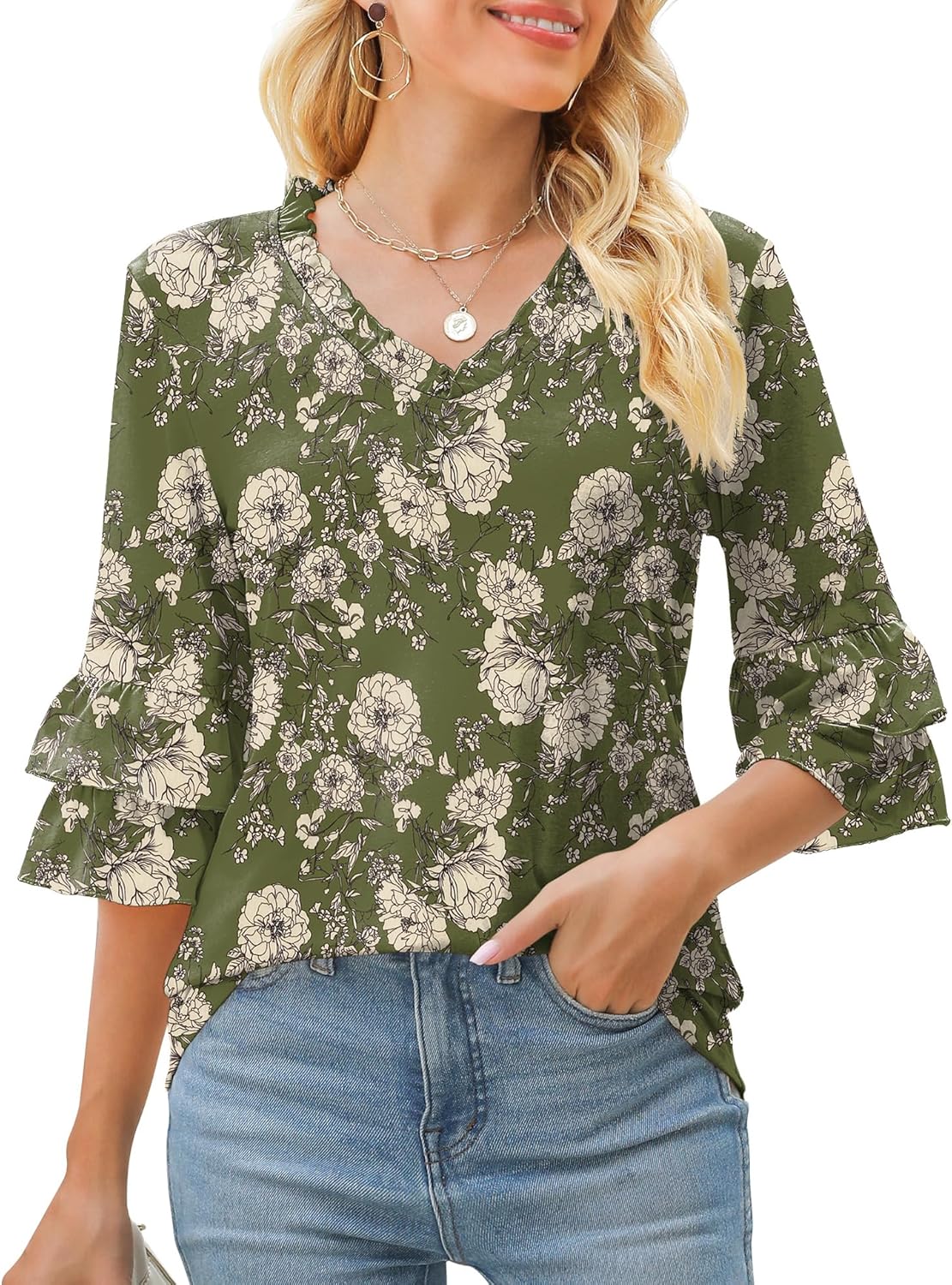 TFSDOD Womens Fashion, Stylish V Neck Bell Sleeve Tops, Unique Frill Neck Ruffle...