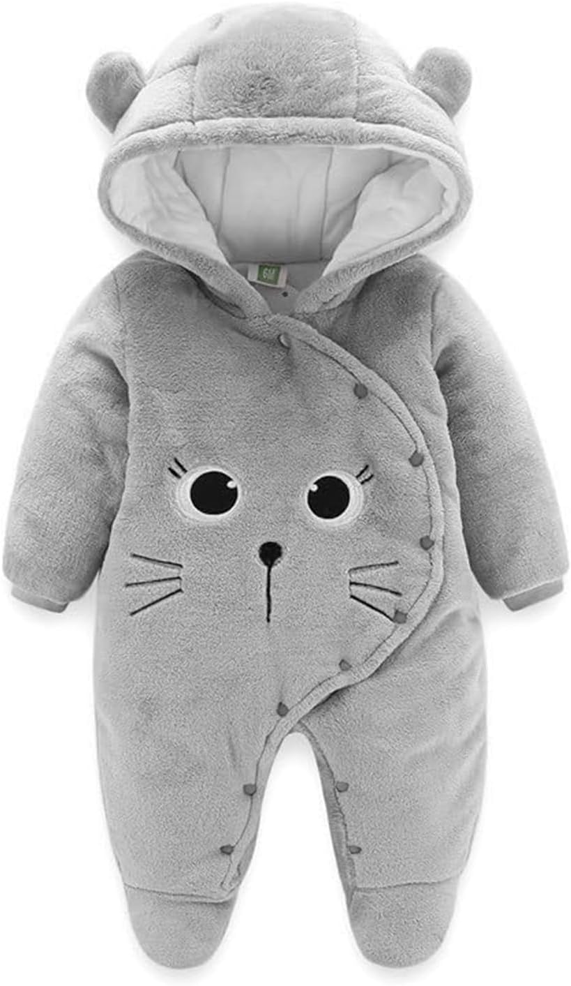 Baby Hooded Romper Fleece Snowsuit Cartoon Jumpsuit Fall Winter Outfits, Grey 3-...