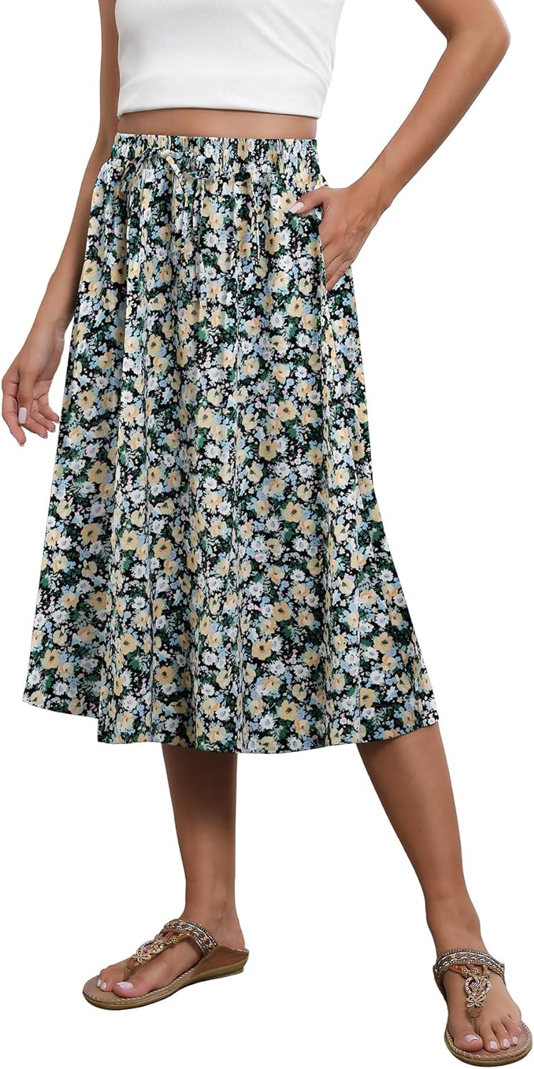 Flowy Skirt, Special Midi Length Elastic High Waist A-Line Skirt with Pockets, T...